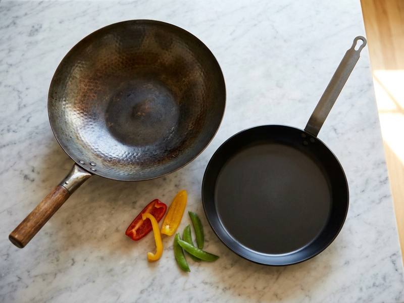 A carbon steel wok next to a carbon steel skillet on a marble counter with scattered vegetables between them