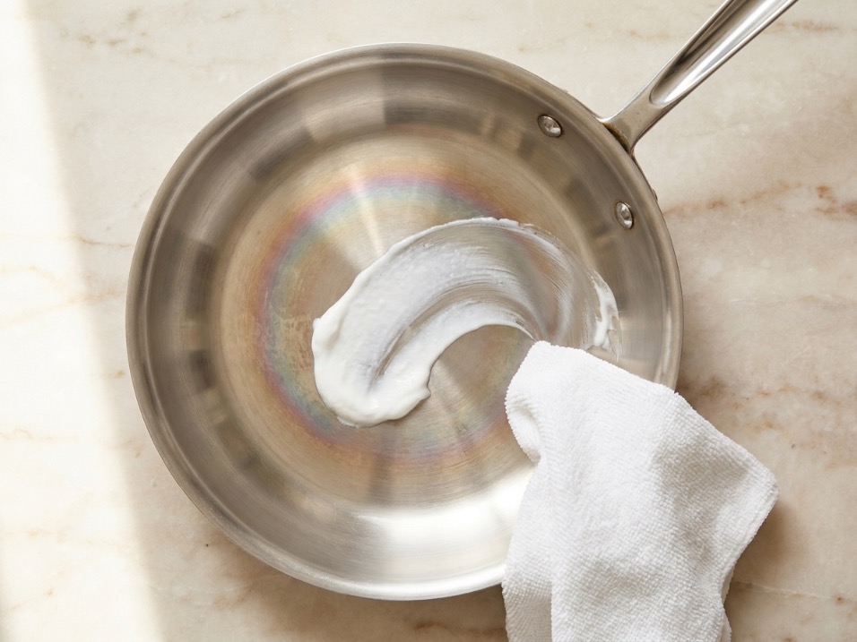 Bar Keeper's Friend paste being applied with a soft cloth to a stainless steel pan