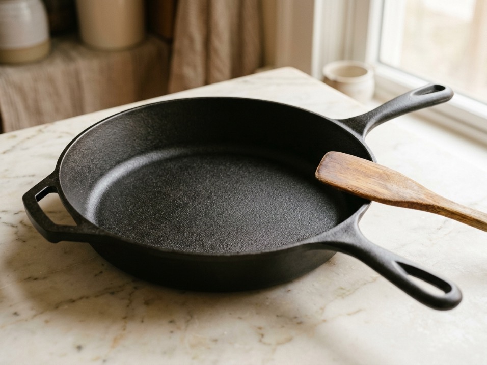 Cast iron skillet shown from above on a marble countertop with a wooden spatula beside it