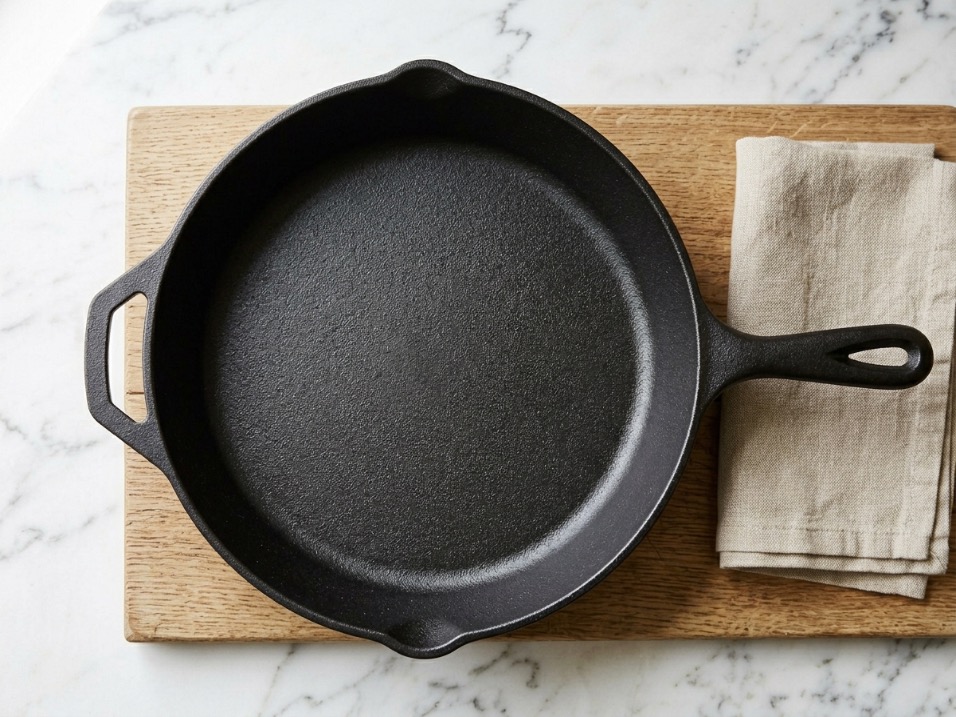 Lodge Chef Collection style cast iron skillet with curved walls and dark seasoned interior on a light wooden surface