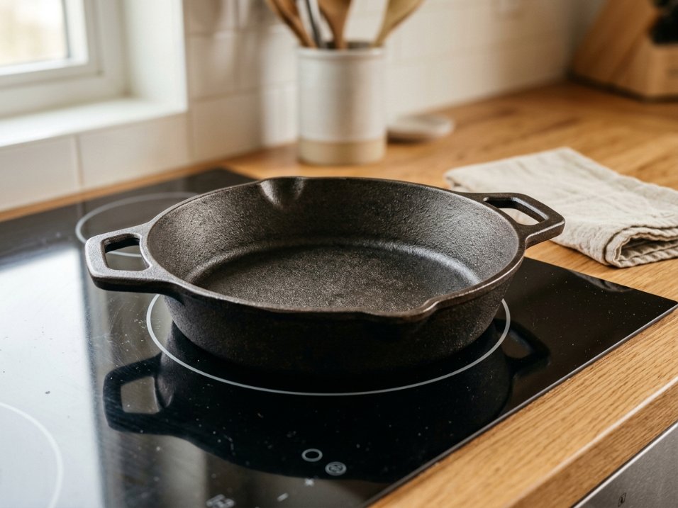 Cast iron skillet sitting on a black glass induction cooktop with the burner ring visible beneath