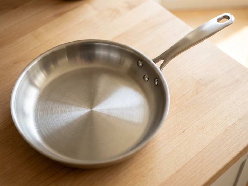 Bare stainless steel frying pan with riveted handle next to a dark ceramic-coated skillet on a marble countertop