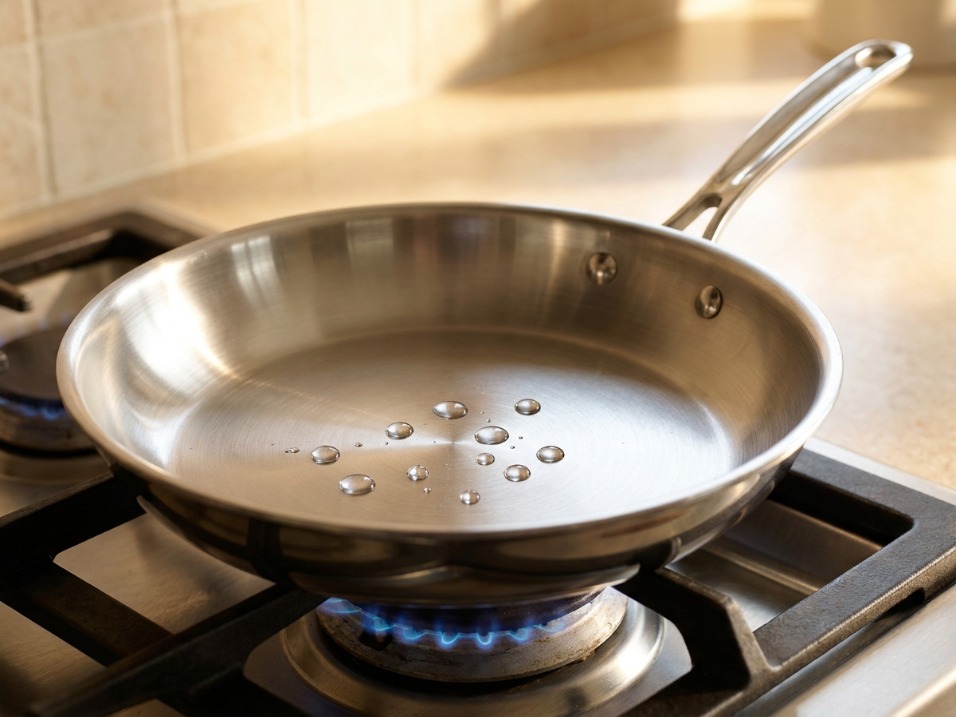 Fully-clad stainless steel fry pan on a stovetop with water droplets beading on the preheated surface