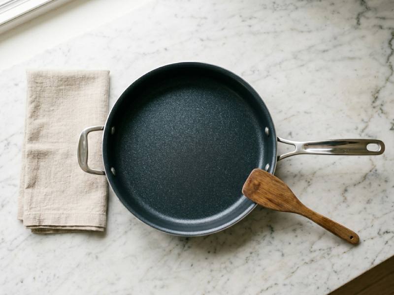 Dark charcoal hard anodized nonstick frying pan with speckled interior and stainless steel handle on marble countertop