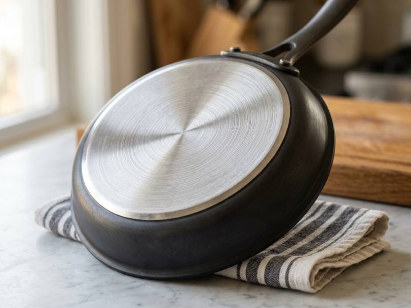 Bottom of hard anodized pan showing brushed stainless steel induction-compatible base disc against dark anodized body