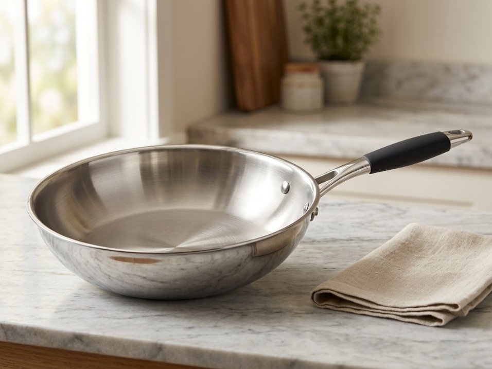 Tri-ply stainless steel fry pan on marble countertop showing pristine construction