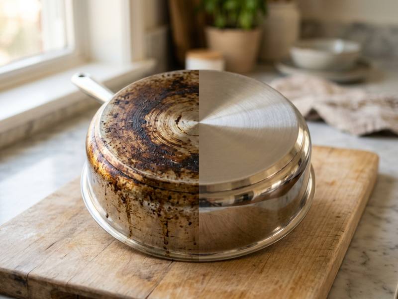 Stainless steel pan bottom with dark carbonized grease buildup next to a cleaned pan showing restored shine