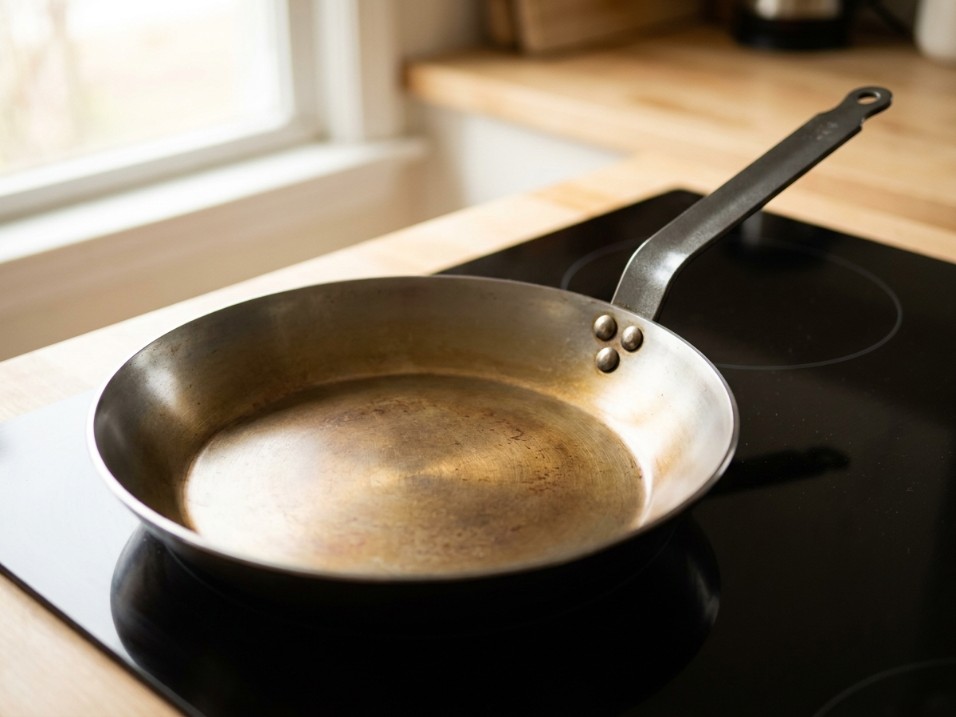 Carbon steel frying pan with developing bronze seasoning patina on a electric glass-top stove