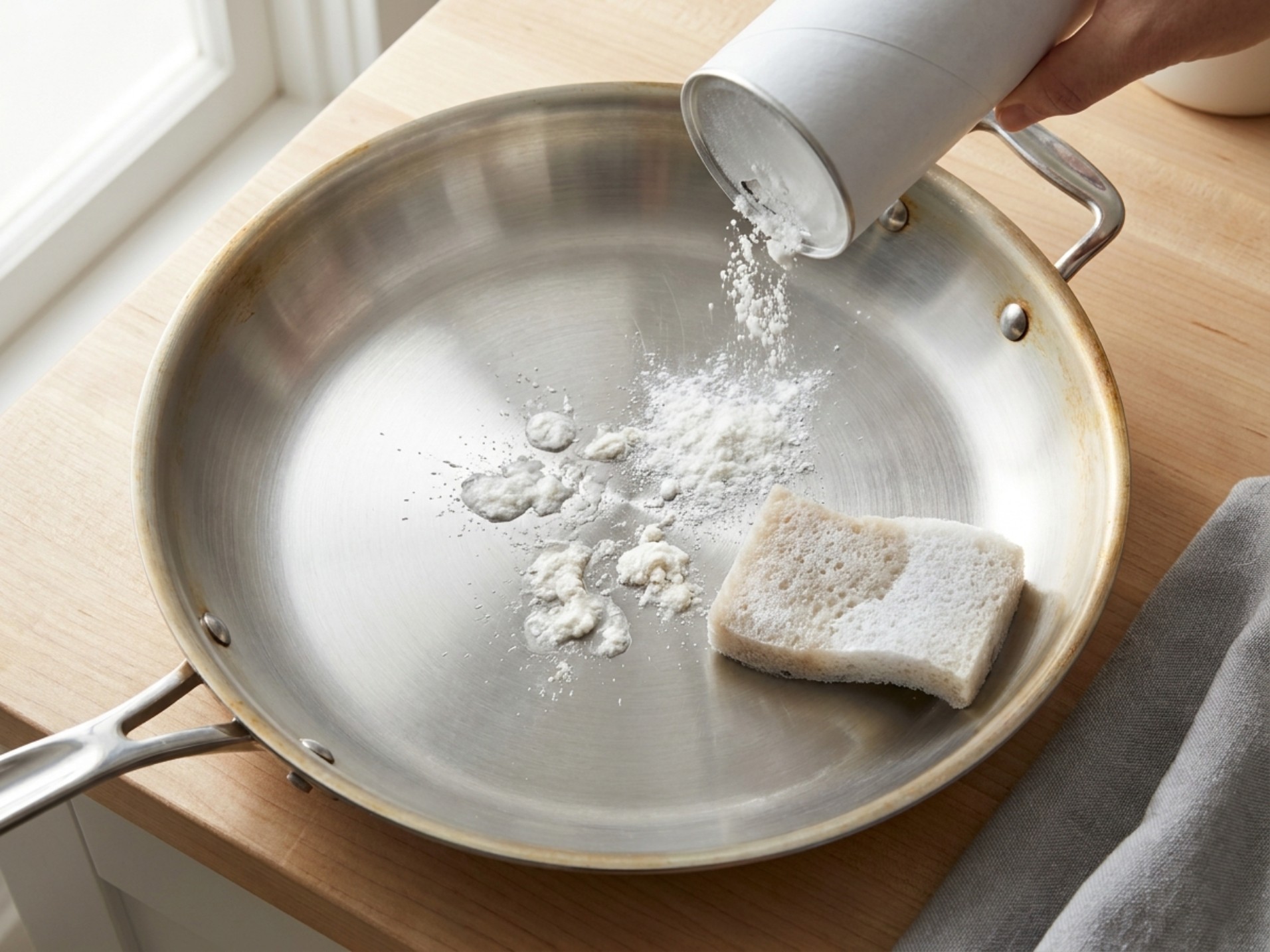 Bar Keeper's Friend powder cleanser applied to a wet stainless steel pan surface