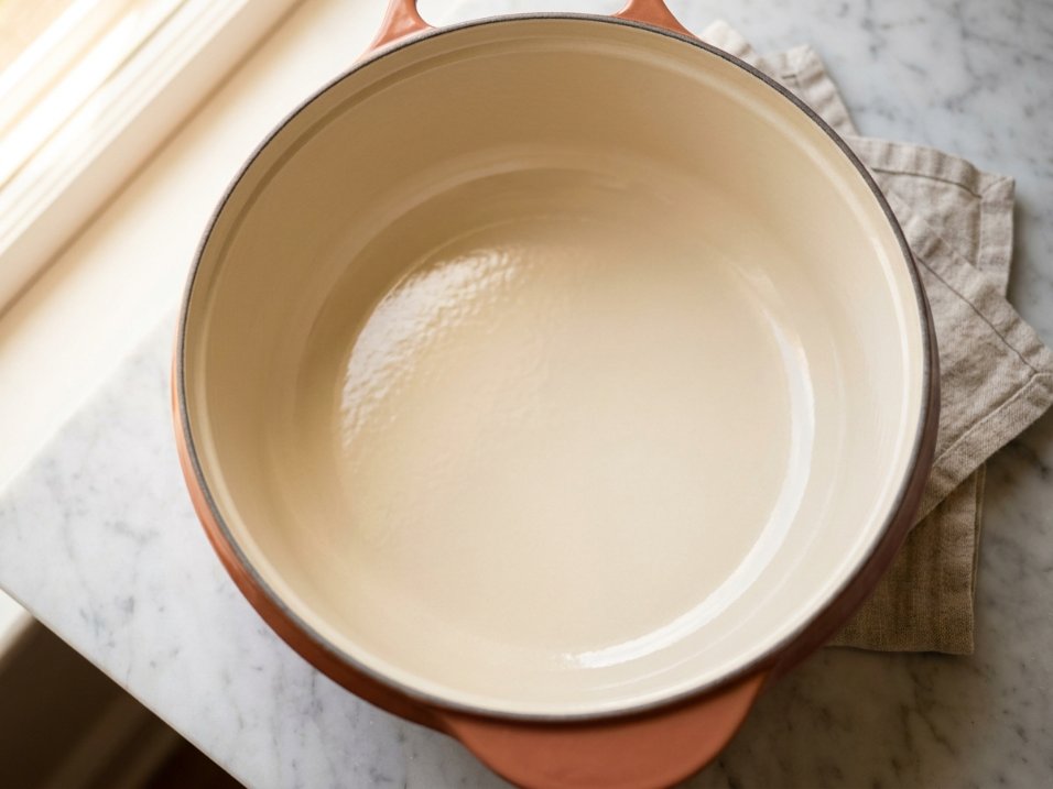 Enameled dutch oven with cream interior viewed from above on marble countertop