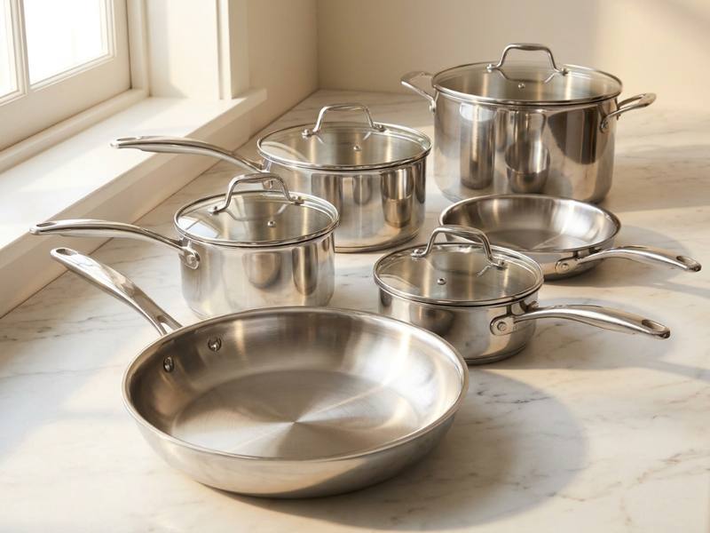 A polished stainless steel cookware set with matching lids arranged on a marble countertop near a window