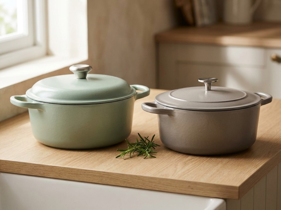 A sage-green and a warm-gray enameled cast iron dutch oven side by side, showing their different lid and handle shapes