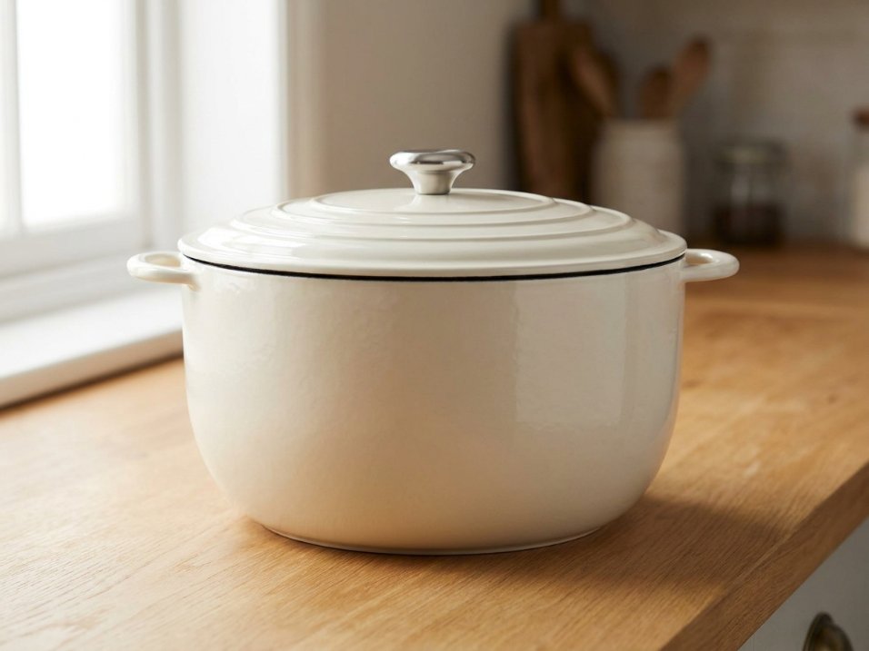Oyster white enameled cast iron dutch oven with domed ridged lid on a light wood kitchen counter