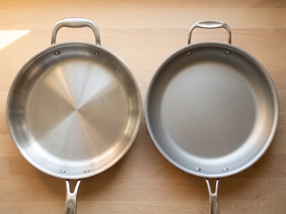 Premium and budget stainless steel skillets side by side on a kitchen counter
