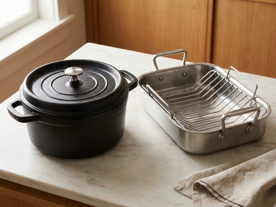 Staub black cast iron cocotte with lid beside an open stainless roasting pan with rack, both on a marble counter