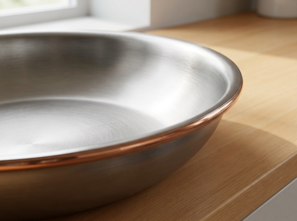 Close-up of a stainless steel pan's curved sidewall meeting its base, a thin metal band visible along the seam