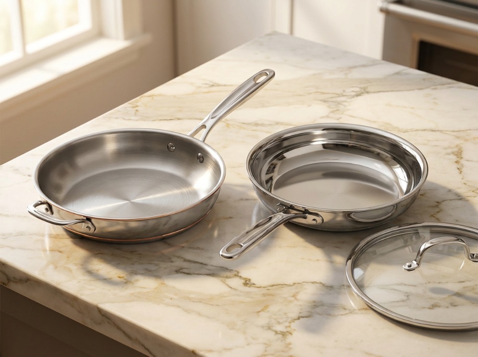 Two stainless steel frying pans side by side, one with a polished copper ring visible at the base