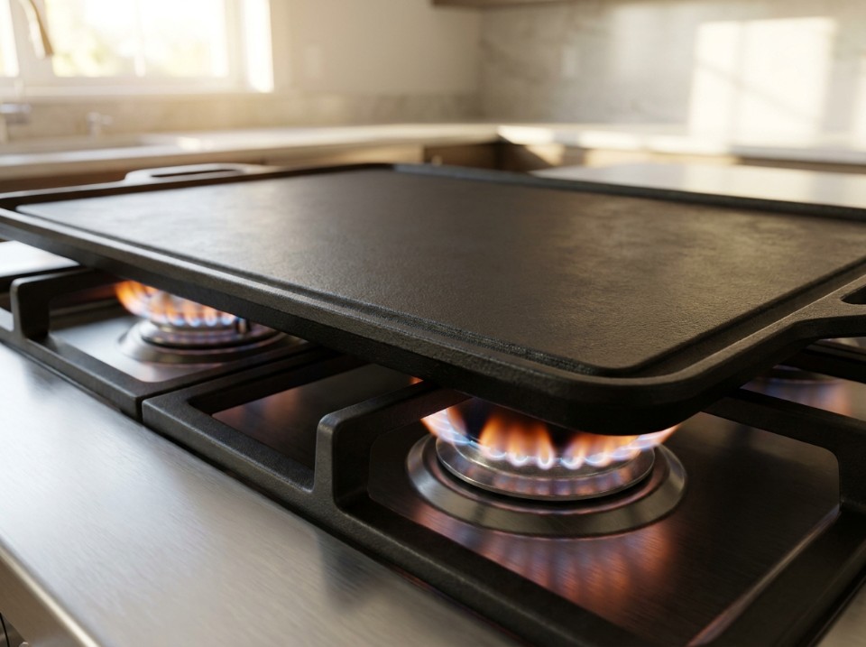 Rectangular cast iron griddle spanning two lit gas burners on a stovetop