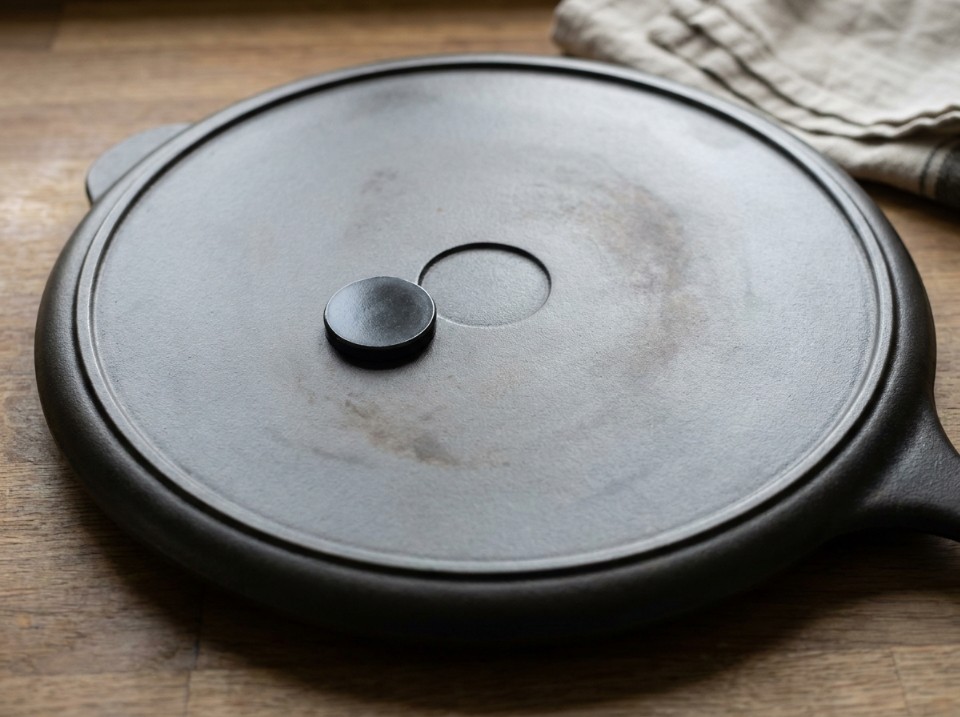 Kitchen magnet held flat against the underside of a flipped round cast iron griddle, between rim and center
