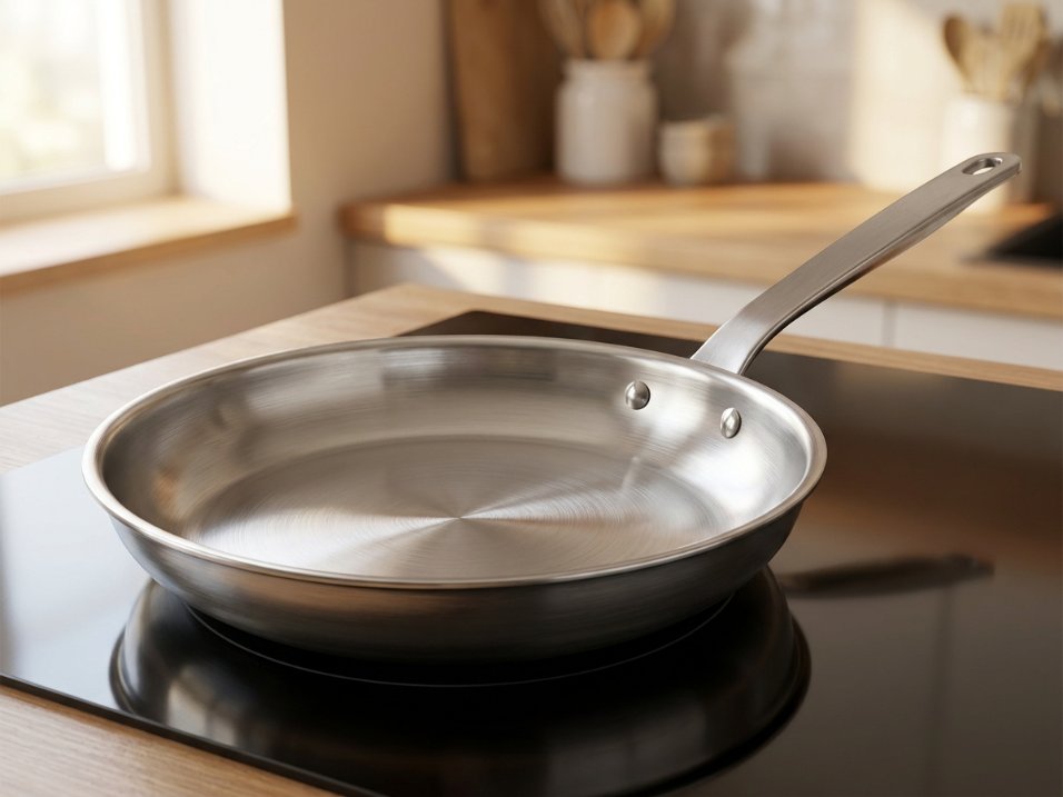 Stainless steel skillet with riveted handle sitting flat on a glass ceramic cooktop, edges fully touching the surface