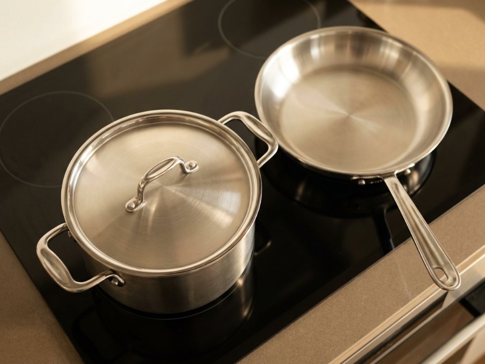Stainless steel saucepan with lid and matching skillet sitting flat side by side on a dark glass ceramic cooktop