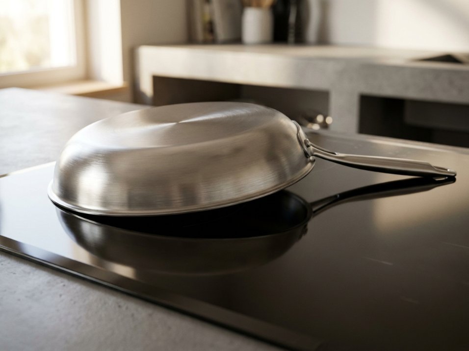 Stainless steel skillet turned upside down on a glass cooktop, low angle view showing a gap under the concave center