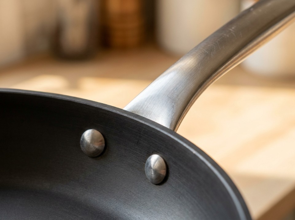 Close-up of a brushed stainless steel skillet handle riveted to a dark hard-anodized pan body