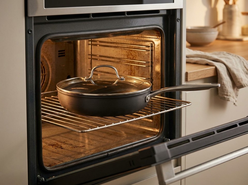 A dark hard-anodized skillet with a glass lid sitting on a rack inside an open oven