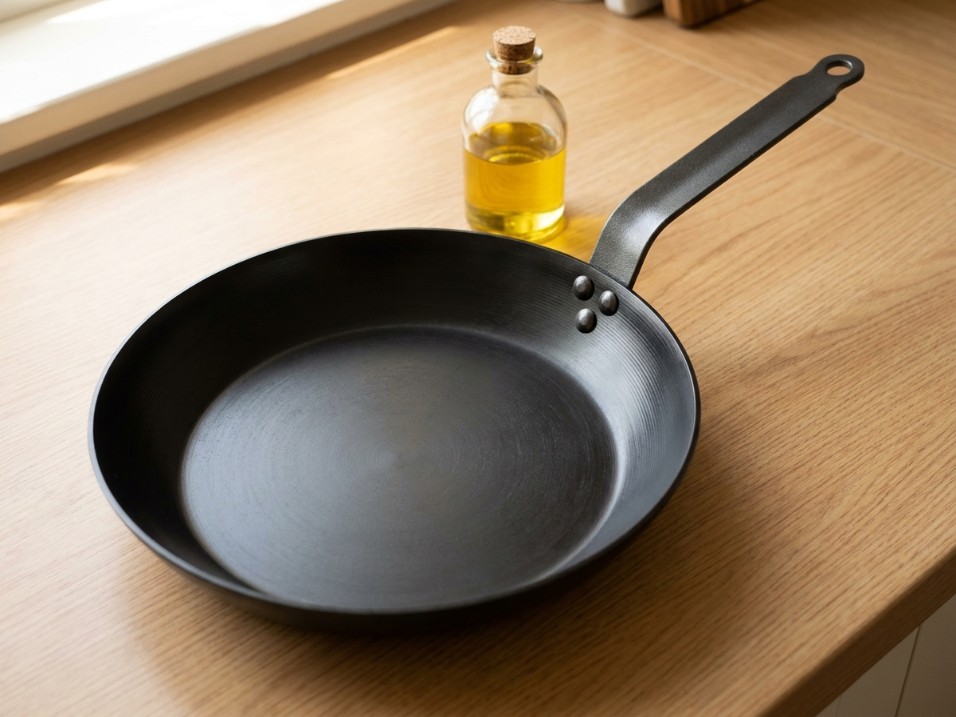 Dark pre-seasoned carbon steel frying pan next to a small bottle of oil on a kitchen counter