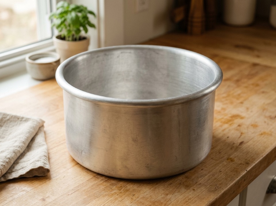 Bare aluminum stockpot with a raw, unfinished metal interior and rolled rim on a wood kitchen counter