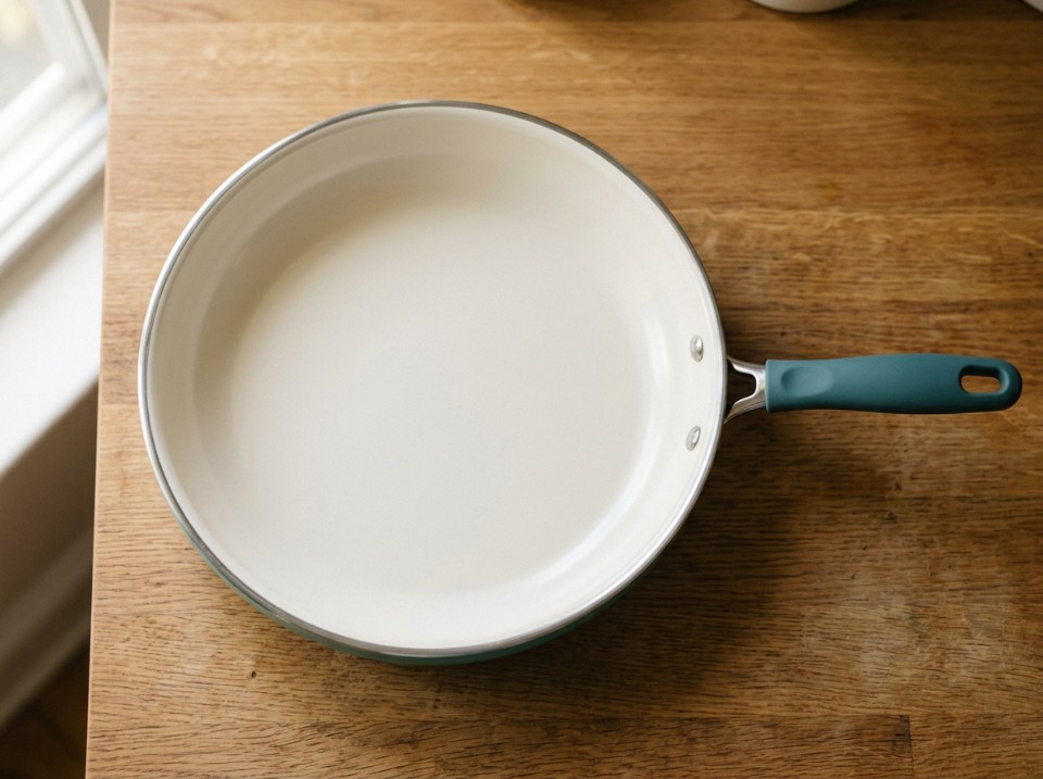 Overhead view of a round ceramic non-stick frypan with cream interior coating and a teal silicone handle on a wood countertop