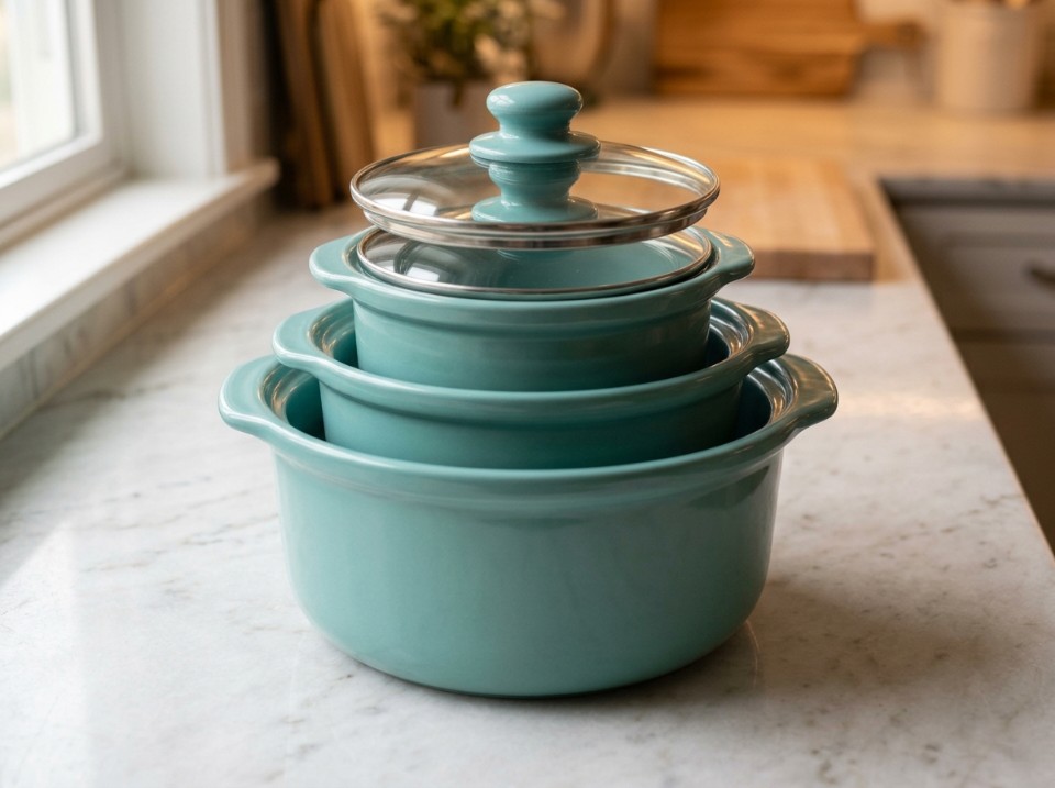 Three graduated teal ceramic pots with glass lids nested in a stack on a marble countertop