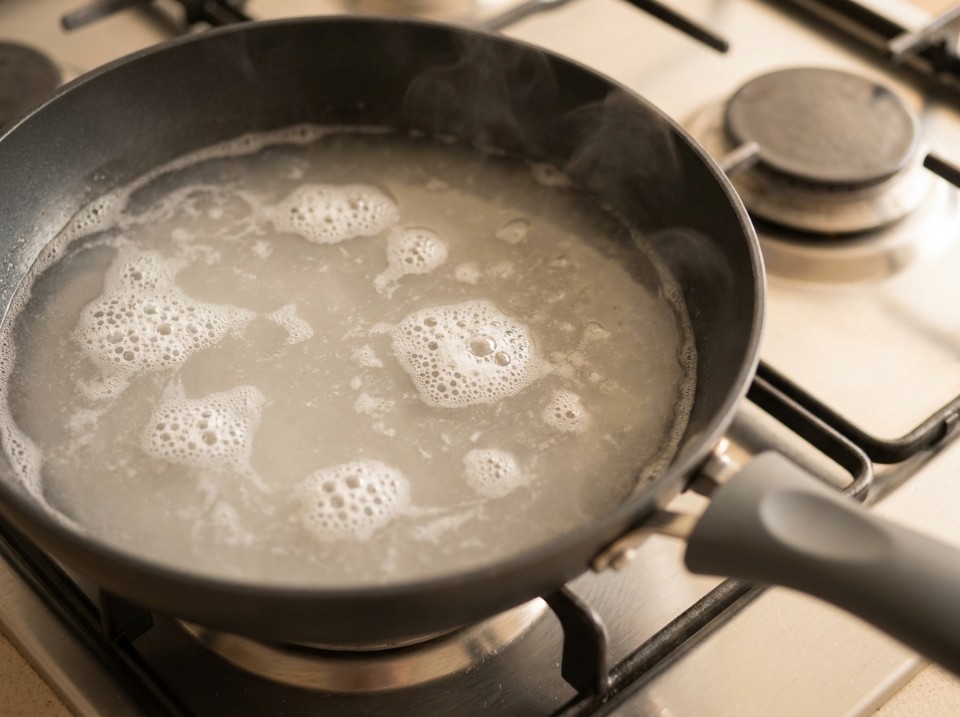Nonstick frying pan with soapy water gently simmering on a stovetop burner