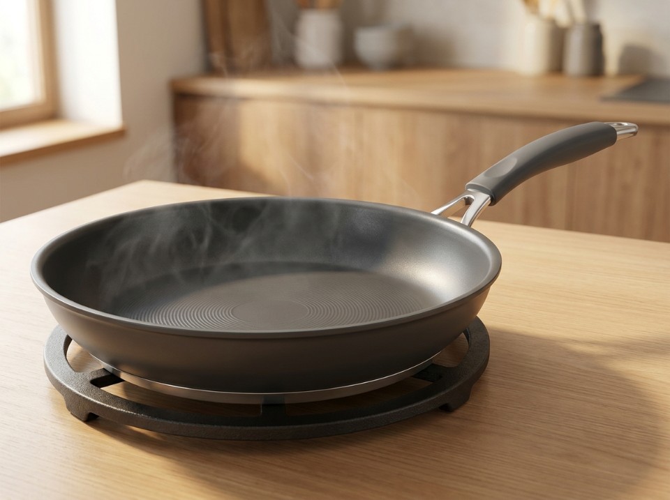 Nonstick frying pan cooling on a trivet after cooking, steam rising gently from the surface