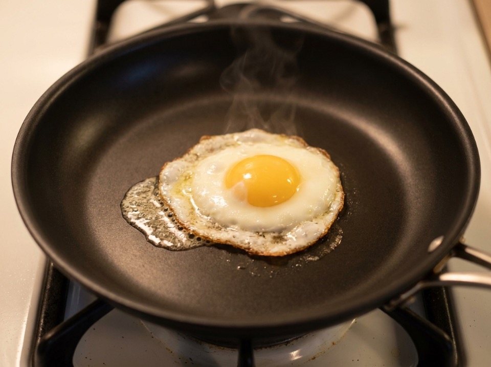 Fried egg sliding freely off a nonstick pan during the 90-second release test