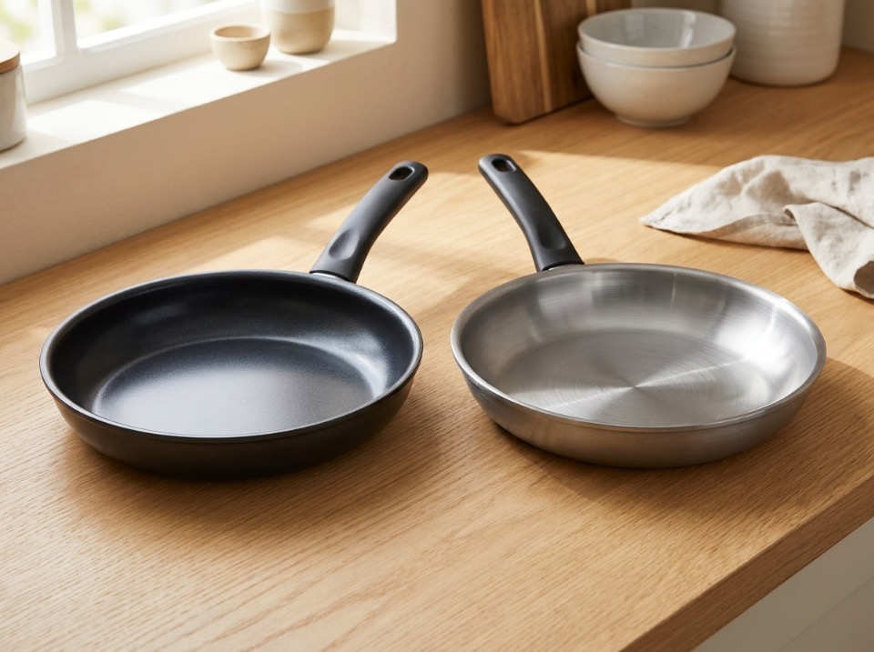 A coated nonstick pan next to a bare metal pan with visible machining marks, for comparison