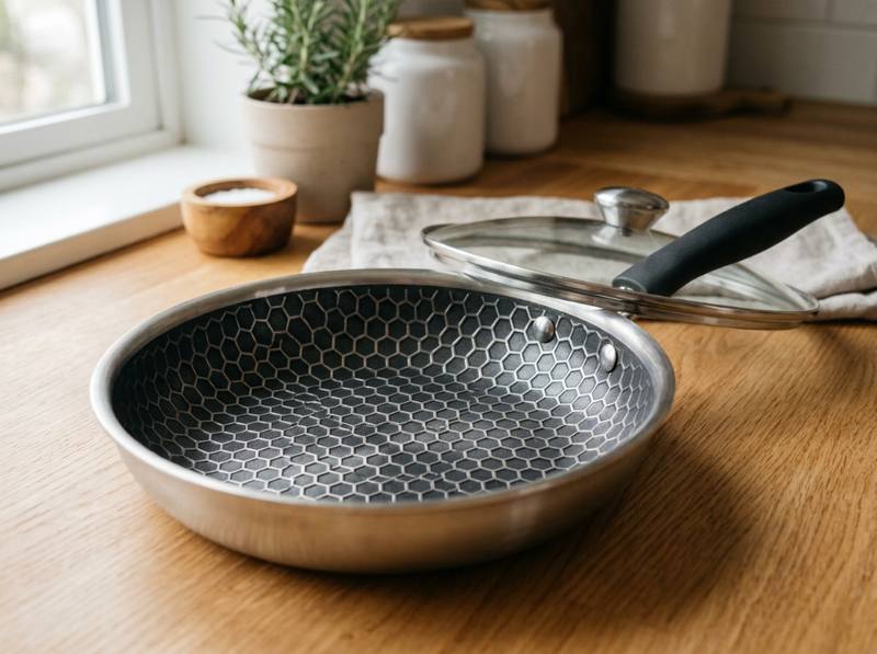 HexClad hybrid pan with hexagonal stainless pattern and nonstick coated valleys
