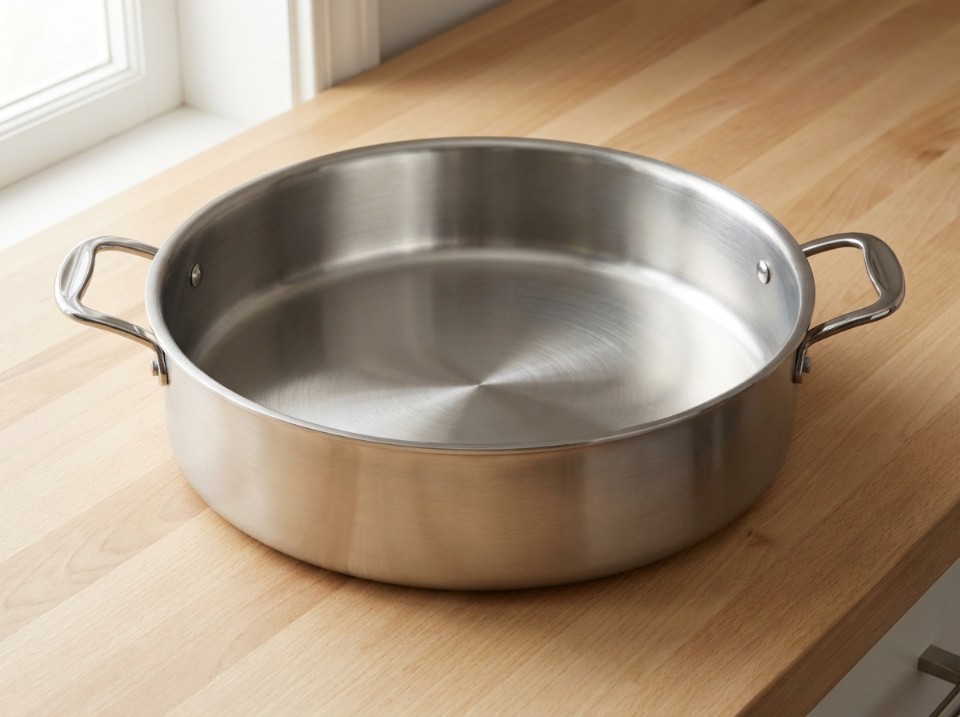 Close-up of a wide, flat-bottomed saute pan with straight walls built for browning