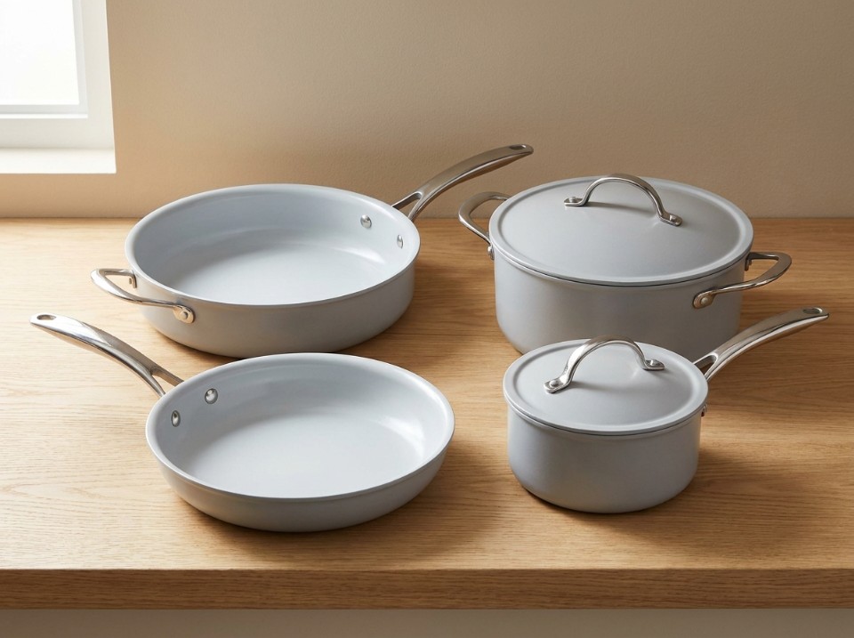 Overhead view of a matte light-gray ceramic cookware set with polished stainless handles