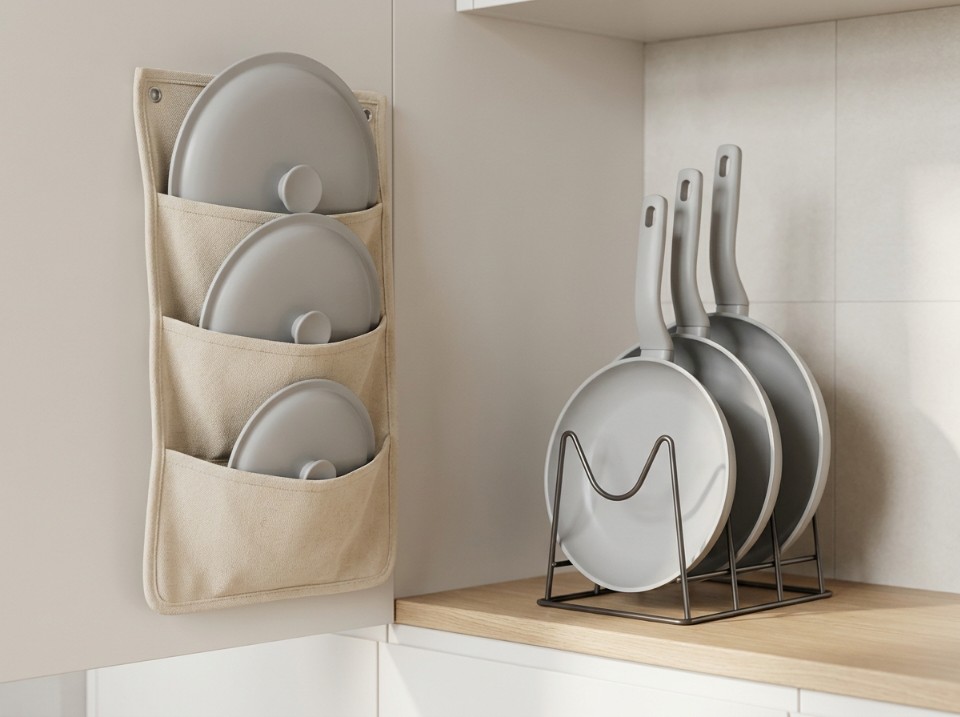 Wall-mounted canvas lid organizer beside a metal pan rack holding nested ceramic-coated pans