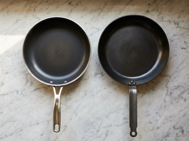 Ballarini Parma Plus nonstick fry pan next to a Professionale carbon steel pan, the two main cookware lines