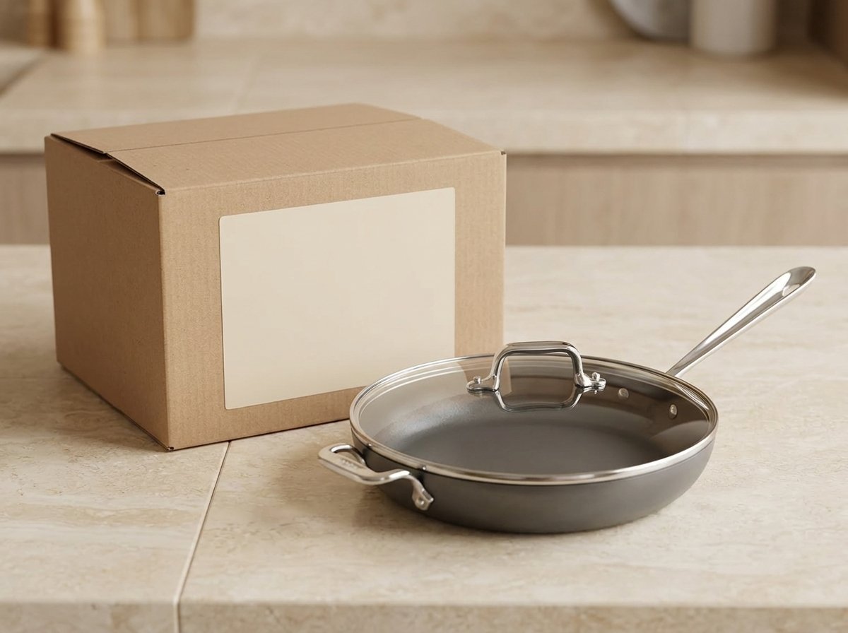 A dark nonstick fry pan with a glass lid beside its plain cardboard shipping box with a blank label