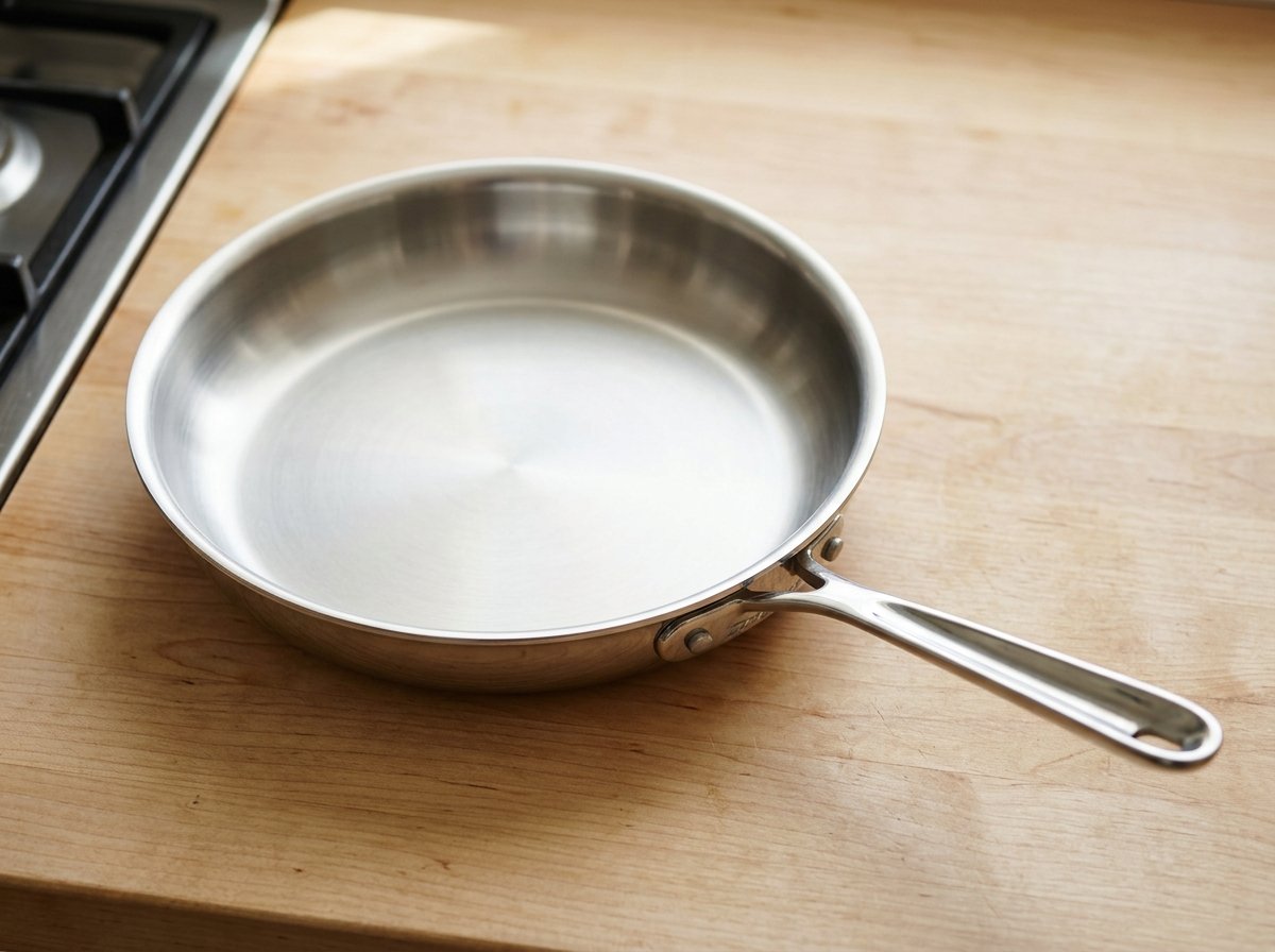 Polished tri-ply stainless steel fry pan on a wood counter, the construction All-Clad makes in Pennsylvania