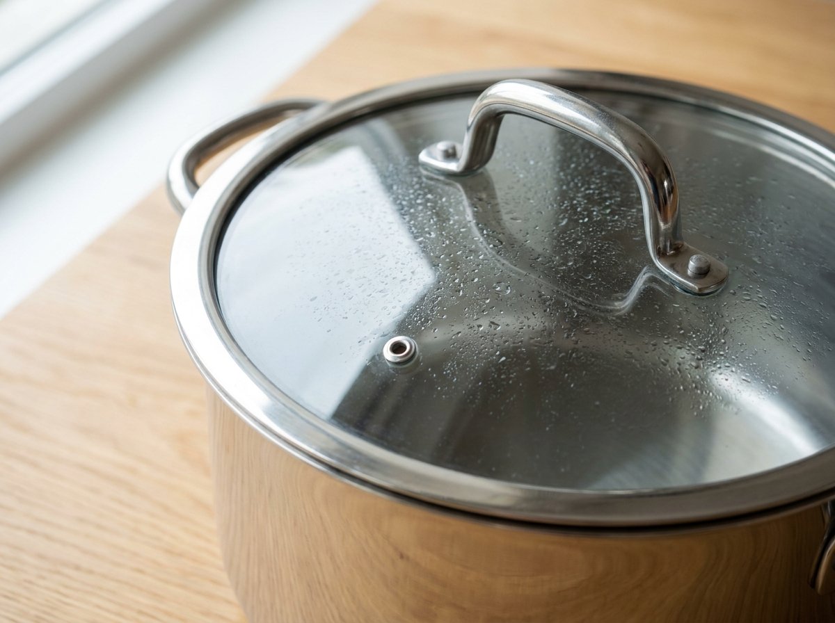 Steam collecting on a stock pot's glass lid with a steam vent