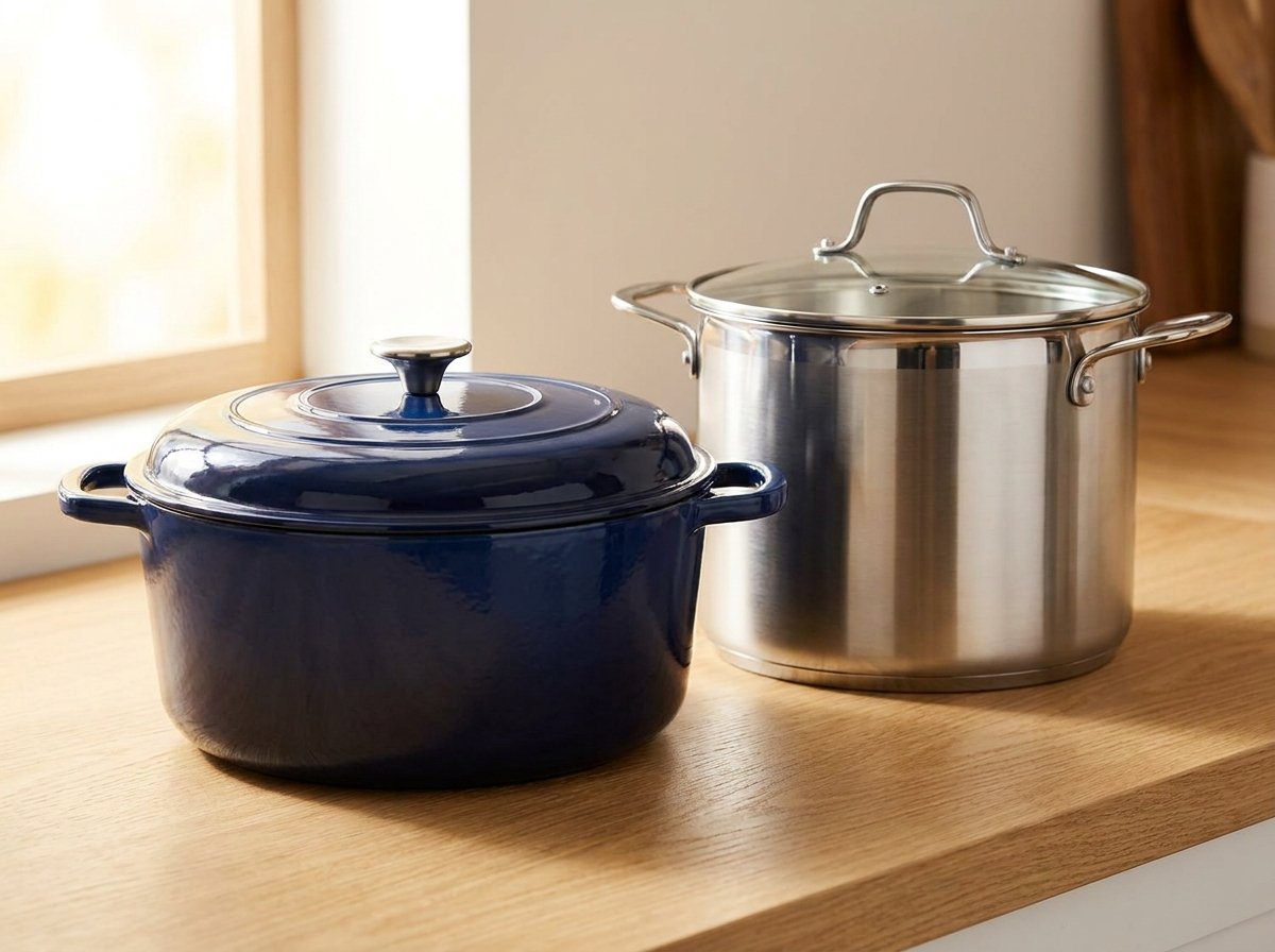 Enameled cast iron dutch oven and a tall stainless steel stock pot side by side on a kitchen counter